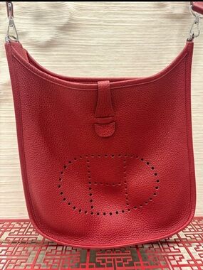 Hermes Red Pebbled Leather Shoulder Bag with Perforated H